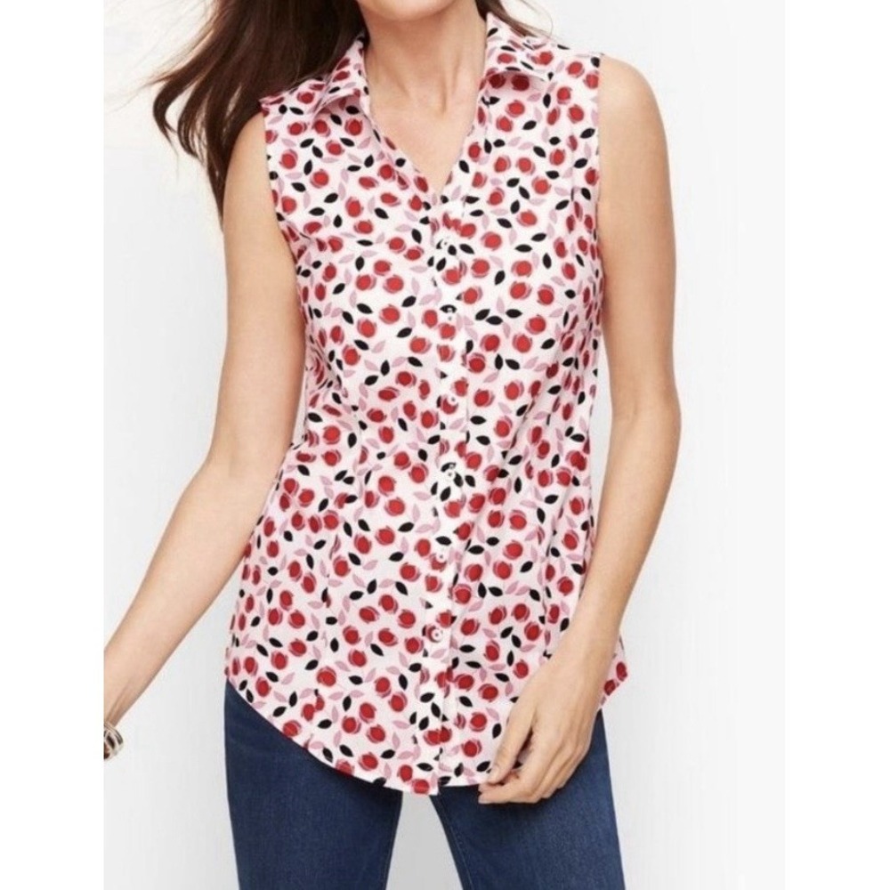 Talbots Sleeveless Button Down Shirt Red Pink Floral Tulip Non-Iron Preppy‎